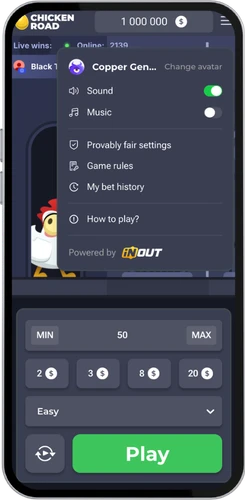 Innstillingsmeny i Chicken Road med Provably Fair og spilleregler fra InOut Games